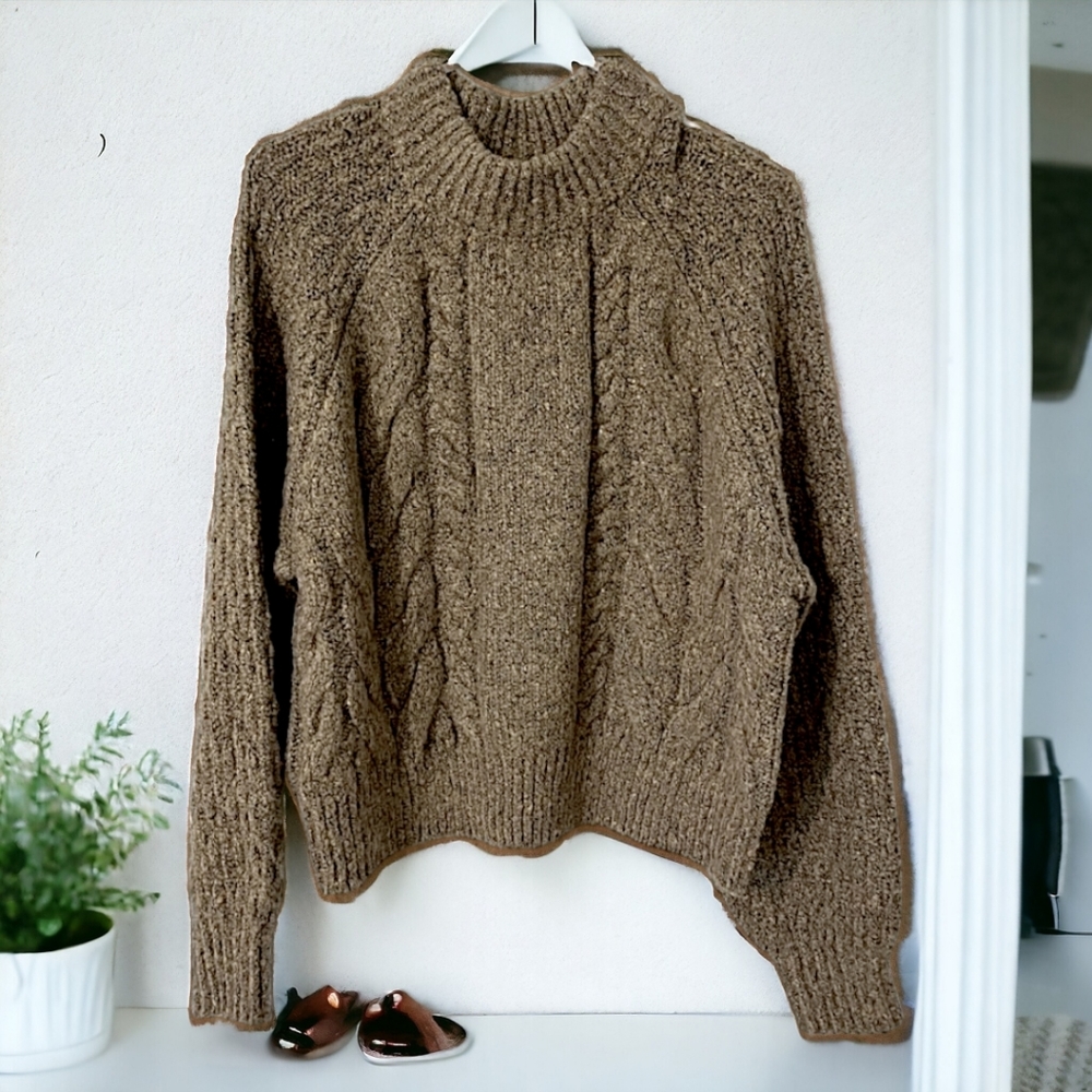 Universal Thread Womens Cable Knit Long Sleeve Brown Mock Neck Crop Sweater, M